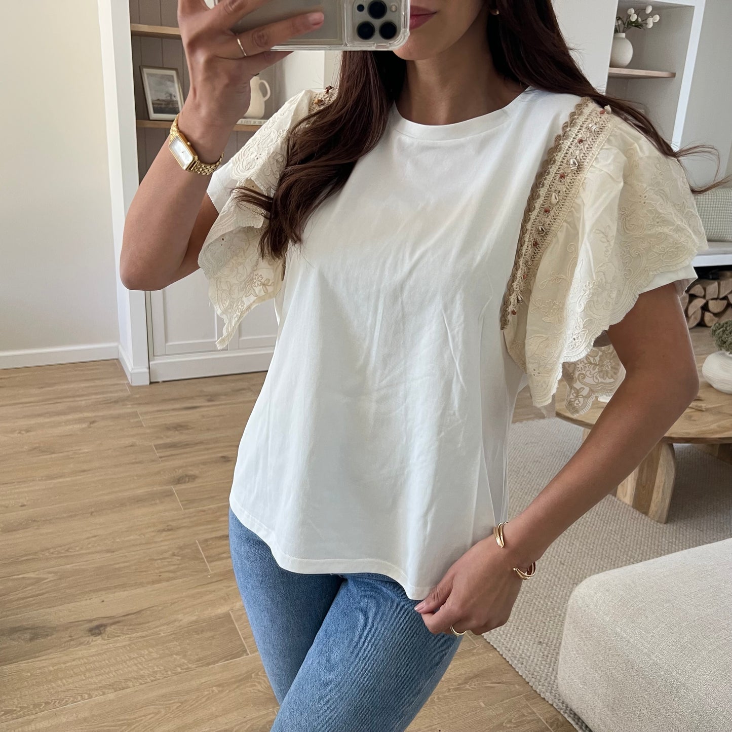 White T-shirt with lace sleeves