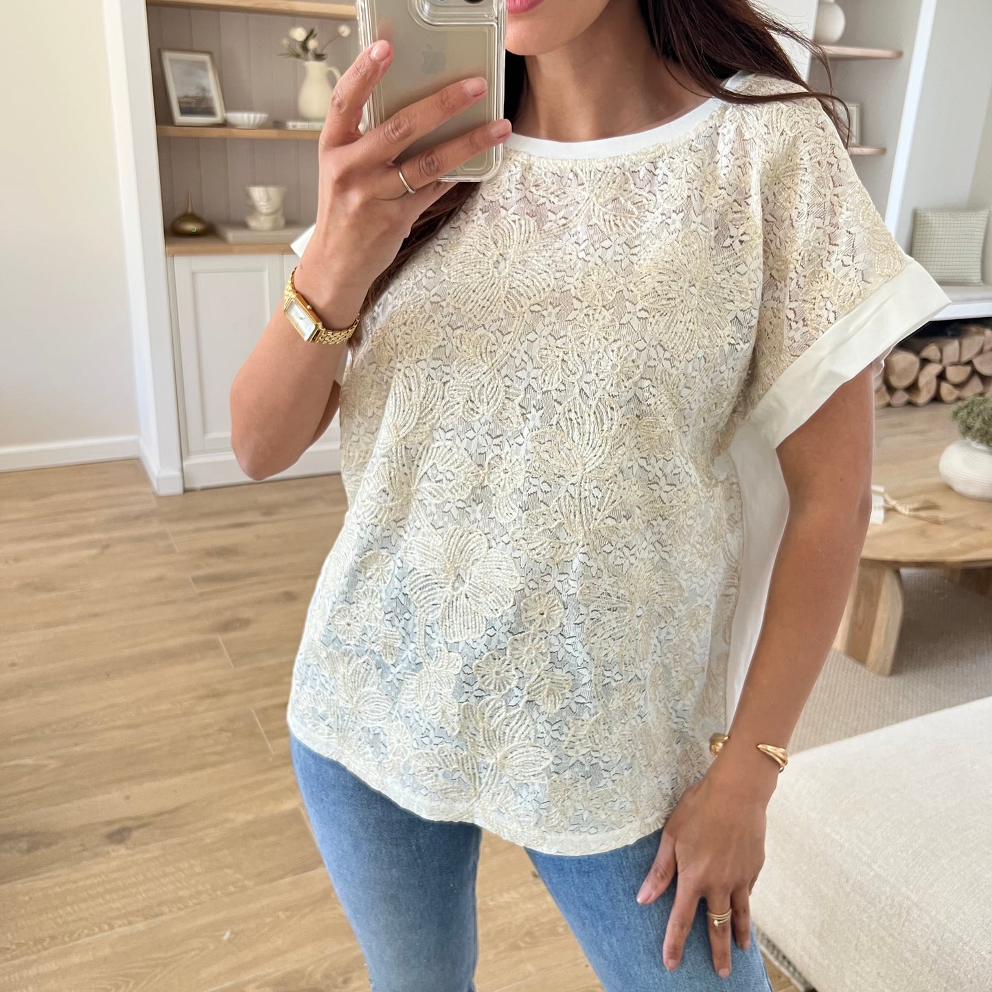 T-shirt Blanc en Coton et Dentelle