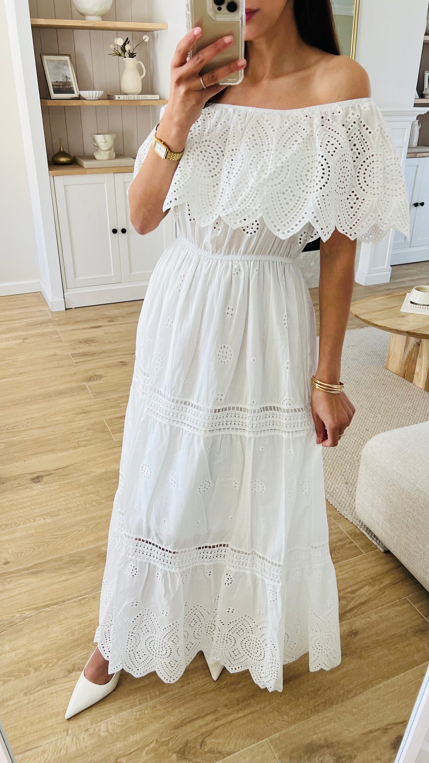 White strapless dress with English embroidery