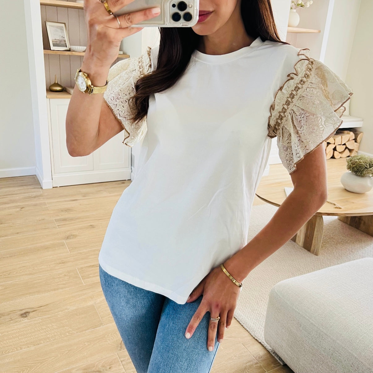 T-shirt blanc manches dentelle & doré