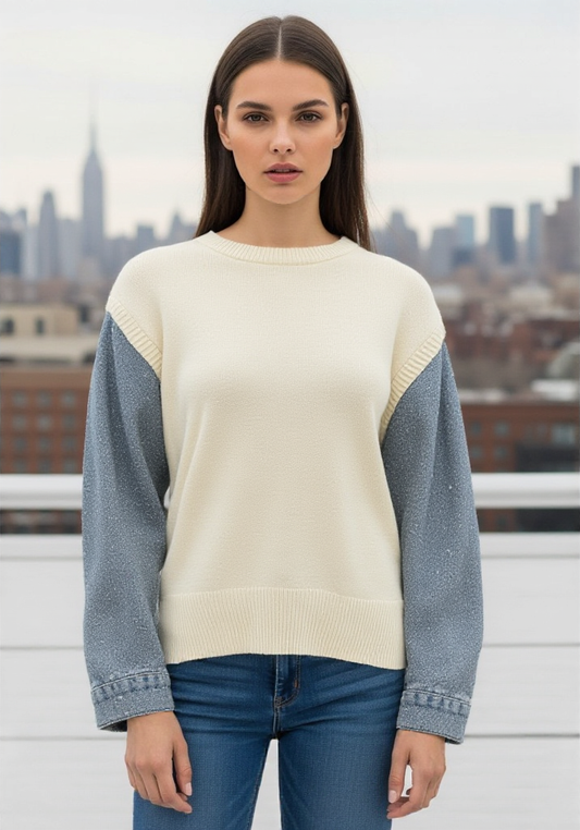 Pull manche en jean’s strass & clouté