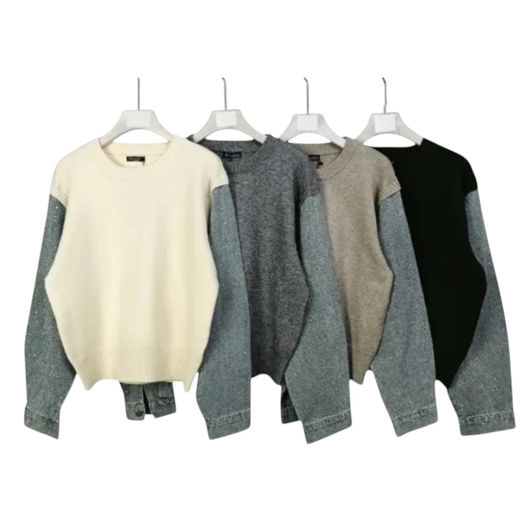 Pull manche en jean’s strass & clouté