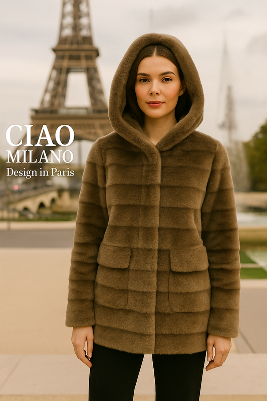 Manteau fausse fourrure rayé à capuche